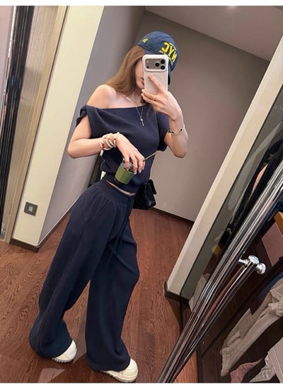 斜肩微露鎖骨針高腰垂墜寬褲兩件組3