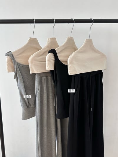 斜肩微露鎖骨針高腰垂墜寬褲兩件組16