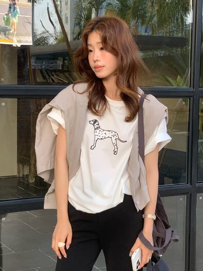 檸檬家#可愛斑點小狗印花寬鬆T恤8