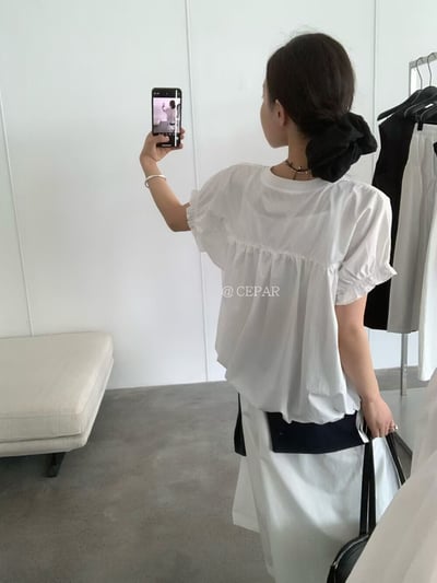 韓系甜美抓皺泡泡袖上衣6