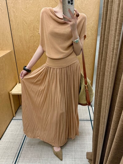 慵懶風亞麻天絲垂墜感百褶長裙4