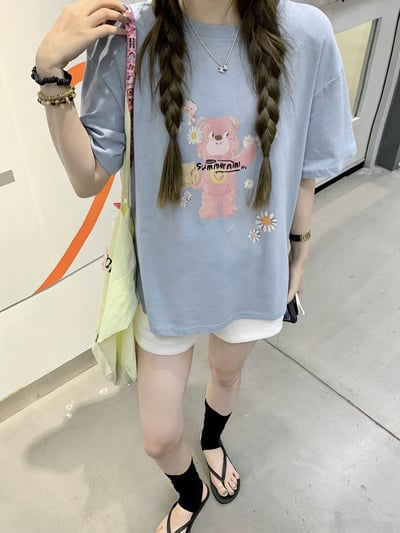 韓系小熊花朵印花寬鬆T5