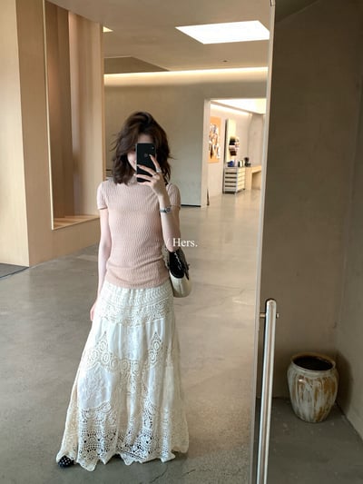 法式度假風蕾絲拼接長裙2