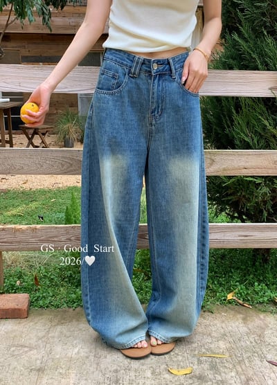 復古水洗刷色高腰寬版牛仔褲1