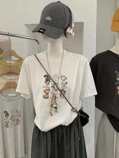 韓系五隻貓插畫寬鬆T恤6