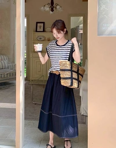 清新條紋×天絲牛仔裙套裝｜1