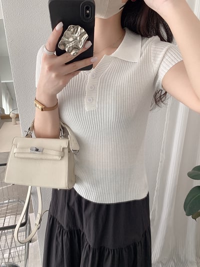 修身POLO領短袖針織上衣17