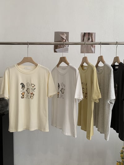 韓系五隻貓插畫寬鬆T恤8