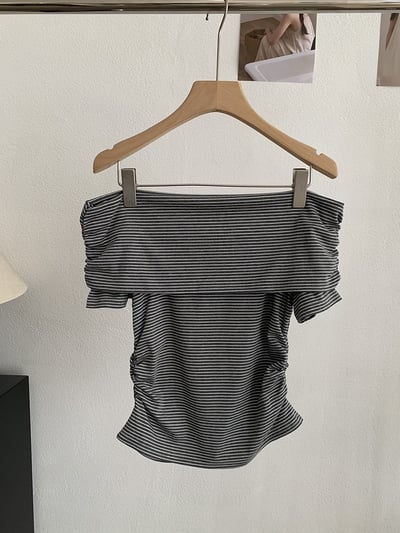 純欲風一字領細條紋修身上衣5