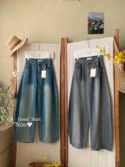 復古水洗刷色高腰寬版牛仔褲16
