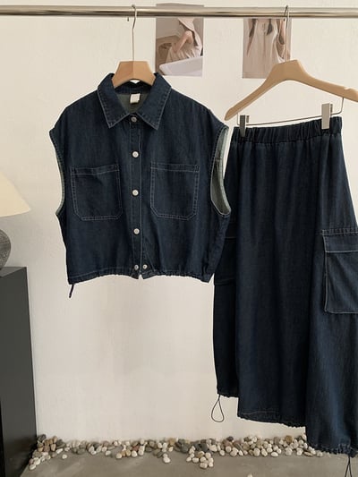 襯領抽繩短版背心＋鬆緊腰工裝牛仔裙4