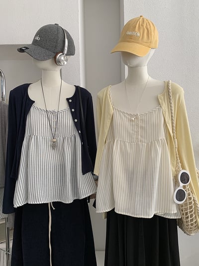 春日防曬針織開衫＋細肩條紋傘擺背心兩件套2