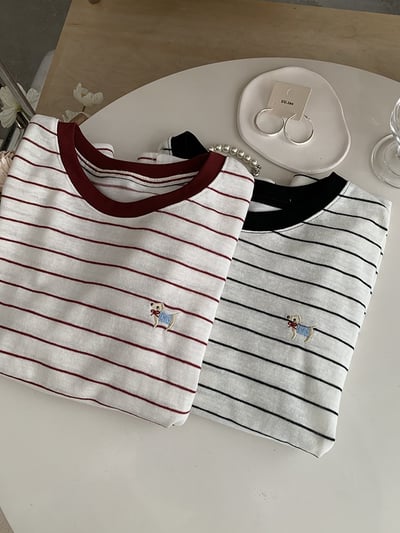 小狗刺繡撞色條紋T恤16