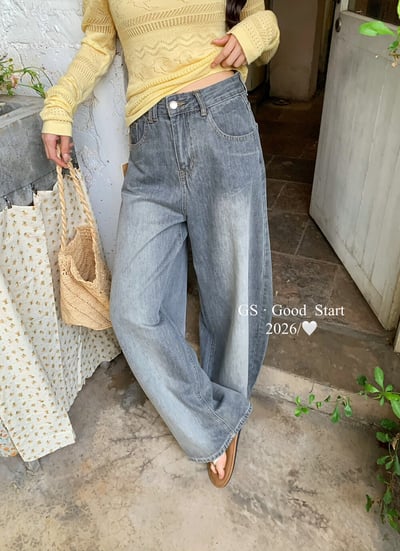 復古水洗刷色高腰寬版牛仔褲9