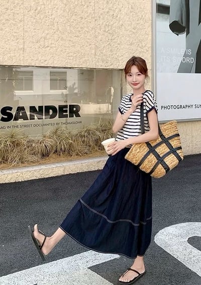 清新條紋×天絲牛仔裙套裝｜4