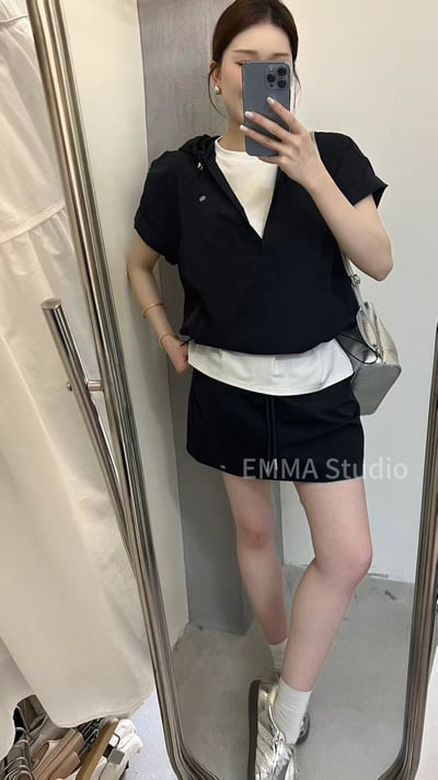 個性小標連帽三件式短褲套裝1