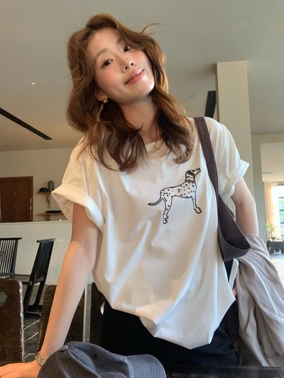 檸檬家#可愛斑點小狗印花寬鬆T恤6