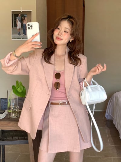 檸檬家#春日氣質裸粉修身西裝外套9