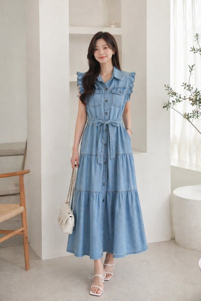 韓系荷葉袖牛仔收腰洋1