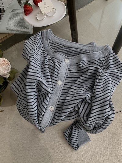 春日細條紋針織開襟外套19