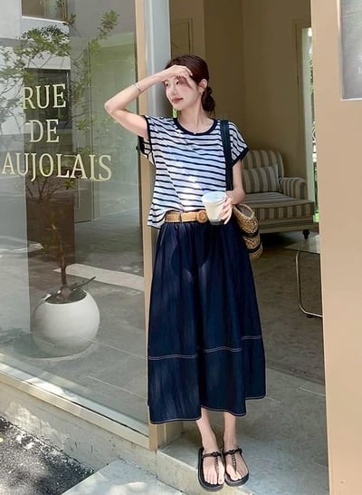 清新條紋×天絲牛仔裙套裝｜8