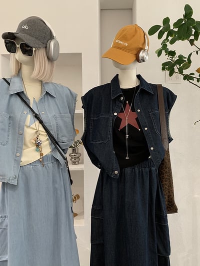 襯領抽繩短版背心＋鬆緊腰工裝牛仔裙2