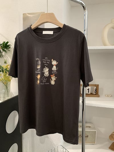 韓系五隻貓插畫寬鬆T恤10