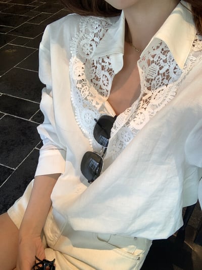 檸檬家#甜美蕾絲拼接翻領襯衫8