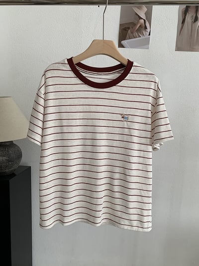 小狗刺繡撞色條紋T恤8
