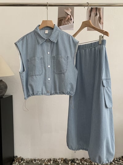 襯領抽繩短版背心＋鬆緊腰工裝牛仔裙7