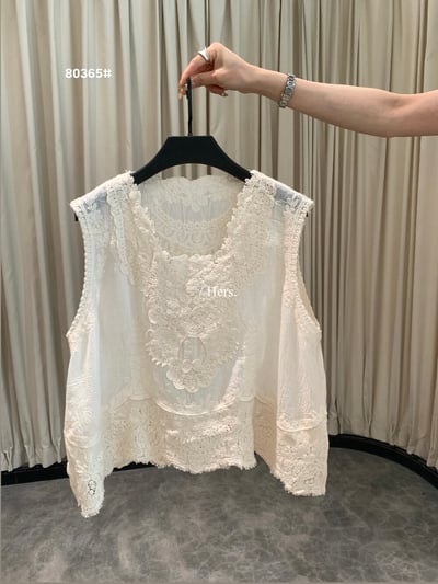 簡約復古緹花蕾絲拼接無袖上衣15