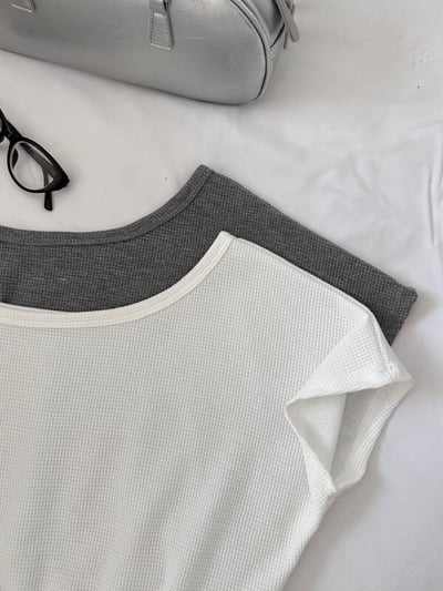 斜肩微露鎖骨針高腰垂墜寬褲兩件組23