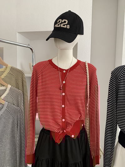 春日細條紋針織開襟外套4