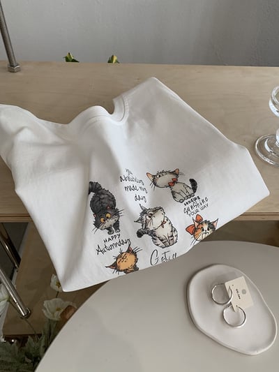 韓系五隻貓插畫寬鬆T恤3