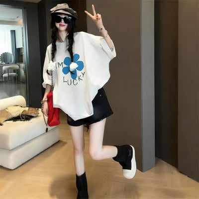 韓系藍花幸運感寬鬆T4