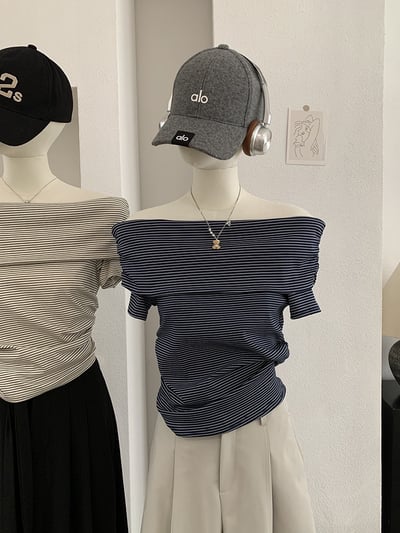 純欲風一字領細條紋修身上衣2