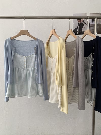 春日防曬針織開衫＋細肩條紋傘擺背心兩件套8