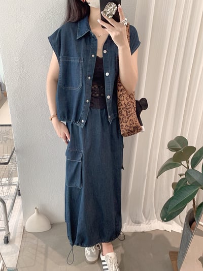 襯領抽繩短版背心＋鬆緊腰工裝牛仔裙9