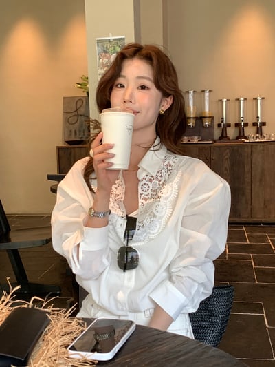 檸檬家#甜美蕾絲拼接翻領襯衫5