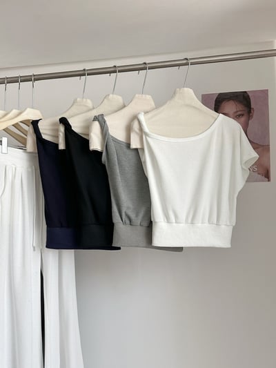 斜肩微露鎖骨針高腰垂墜寬褲兩件組17