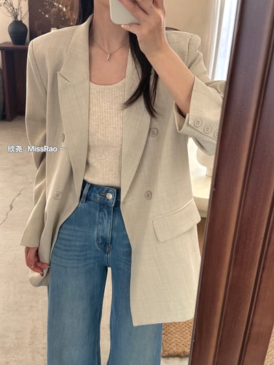 早春奶油黃氣質雙排釦西裝外套12