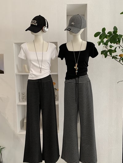 慵懶感撞色條紋垂感寬褲1