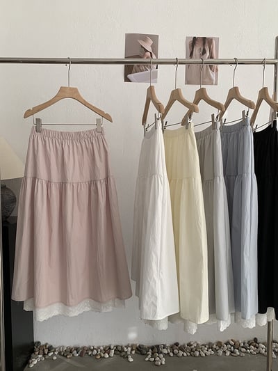 法式蕾絲拼接鬆緊腰長裙5