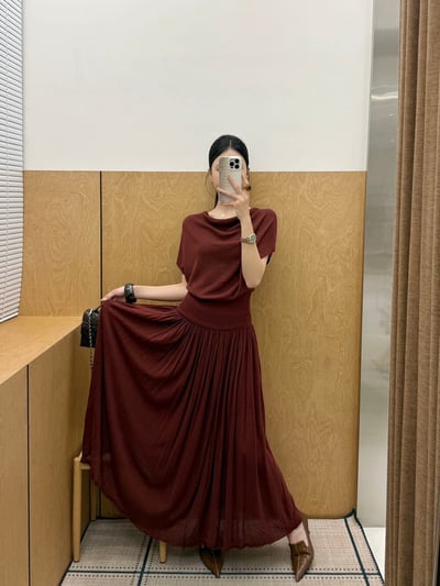 慵懶風亞麻天絲垂墜感百褶長裙6