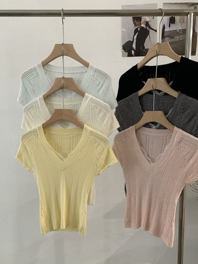 春日甜美V領立體坑紋針織上衣6