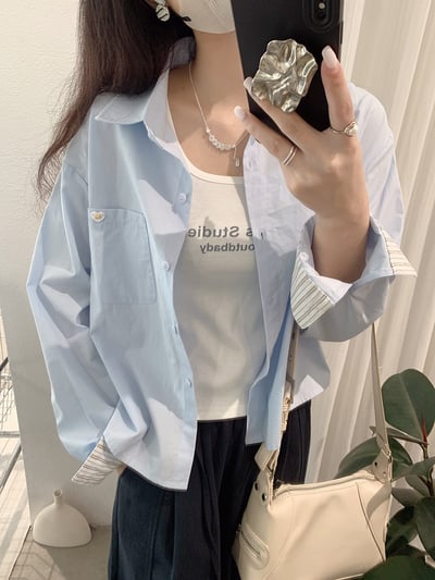 清新撞色袖口襯衫＋字母背心兩件套13