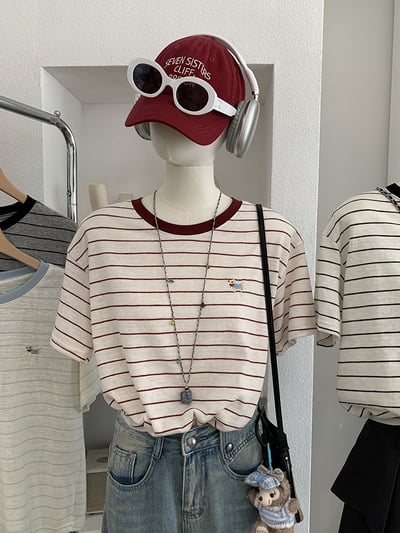 小狗刺繡撞色條紋T恤4