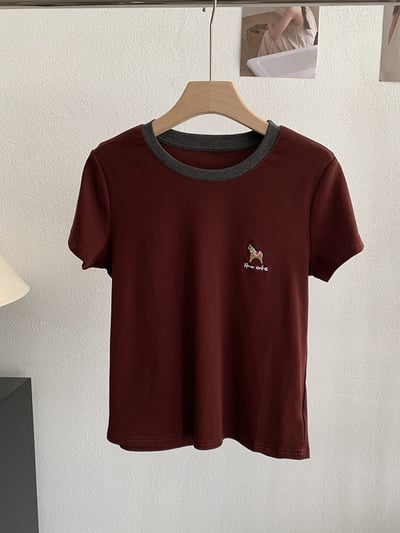 小馬刺繡撞色圓領條紋短袖T恤11