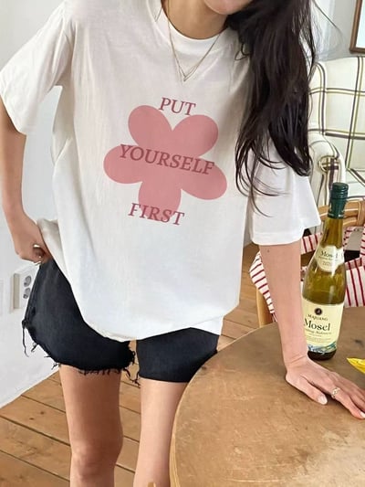 韓系花朵字母寬鬆T7