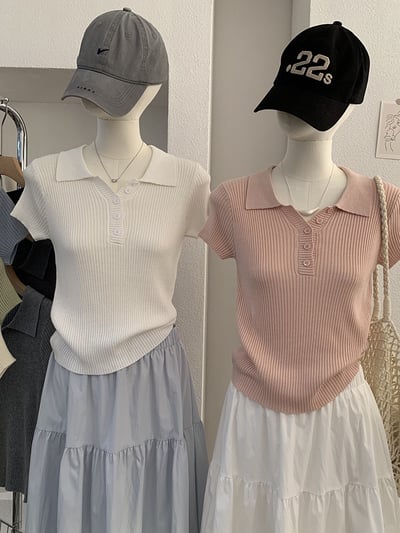 修身POLO領短袖針織上衣1